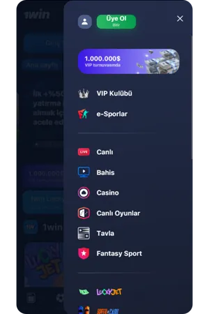 1win indir apk casino menüsü ve 1win app android navigasyon seçeneklerini gösteren ana menü