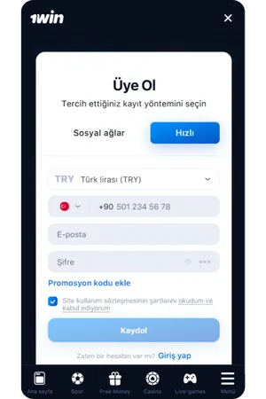 1win indir ios kayıt paneli ve 1win app for ios kullanıcı kayıt formunu gösteren arayüz
