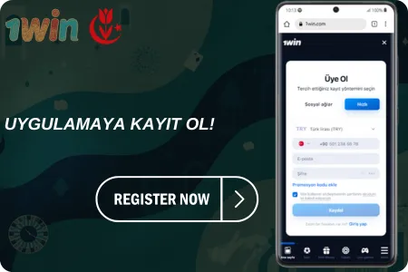 1Win uygulamasına hızlı kayıt olma formunu ve giriş alanlarını gösteren mobil telefon ekranı
