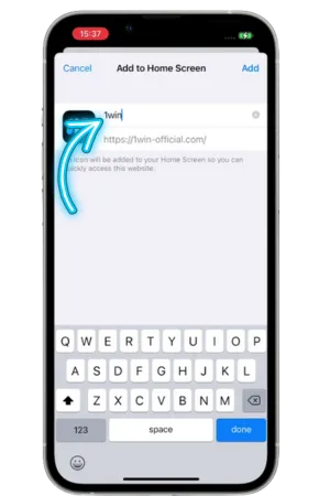 1Win iPhone ana ekrana ekleme seçeneği ve 1Win iOS uygulama adı değiştirme ekranı