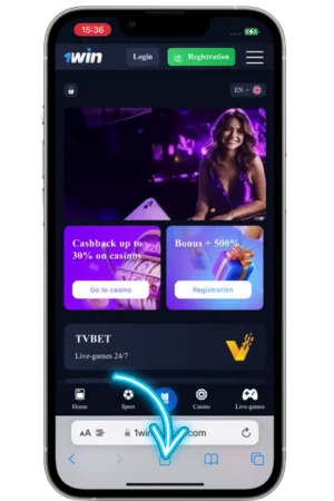 1Win iPhone için resmi web sitesi ana sayfası ve 1Win iOS giriş arayüzü