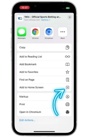 1Win iPhone paylaş butonu ve 1Win iOS için indir safari paylaşım seçenekleri